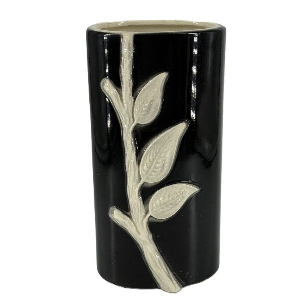 Vtg MCM Leaf Branch Vase Black & Cream Ceramic Oval Mid-Century VGC Stunning